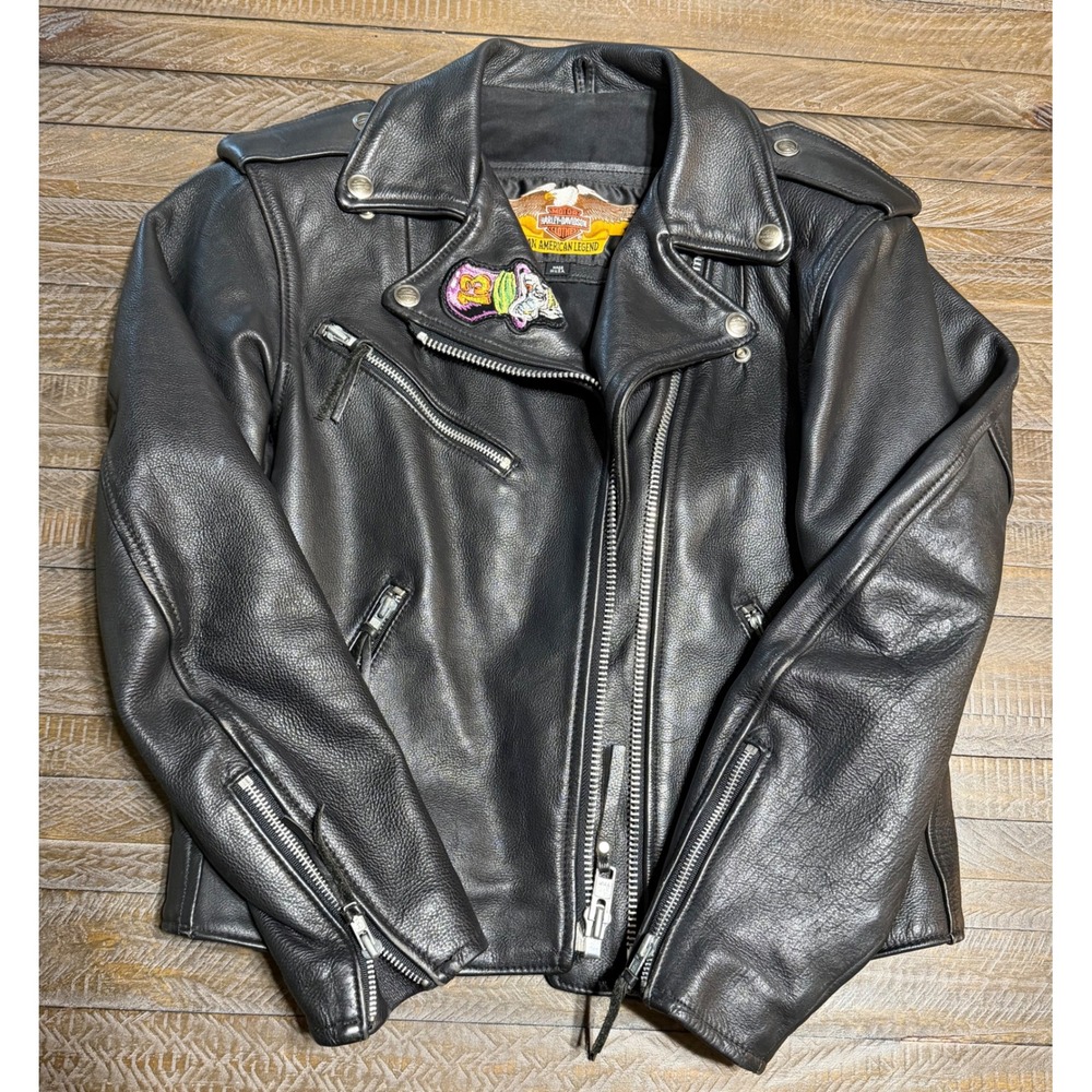 Harley-Davidson Leather Motorcycle Jacket Womens XS Black USA Biker Preloved